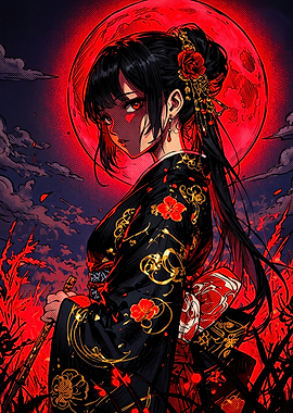 Anime Girl in Kimono Under Red Moon