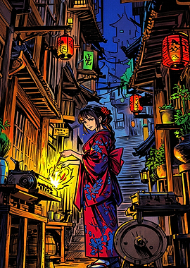 Anime Girl Cooking in Night Alley