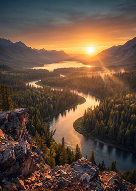 Golden Sunset Over Winding River Valley