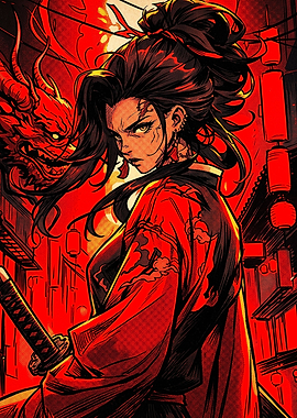 Fierce Samurai Woman in Red