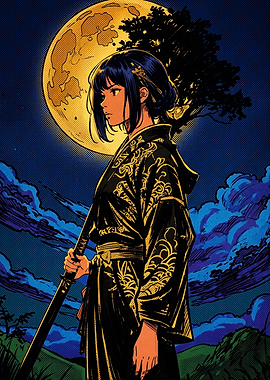 Samurai Girl Under Full Moon