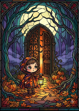 Stained Glass Halloween Girl with Lantern