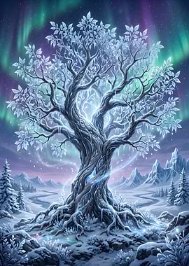 Magical Frozen Tree Under Aurora