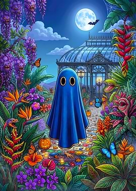 Blue Ghost in Halloween Garden