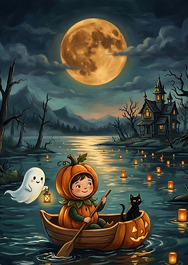 Child in Pumpkin Boat on Halloween