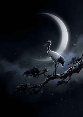 Red-Crowned Crane Under Crescent Moon