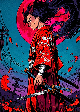 Demon Samurai Under Red Moon