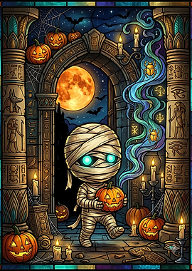 Cute Mummy Holding Halloween Pumpkin
