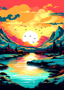 Vibrant Sunset Over Mountain Lake