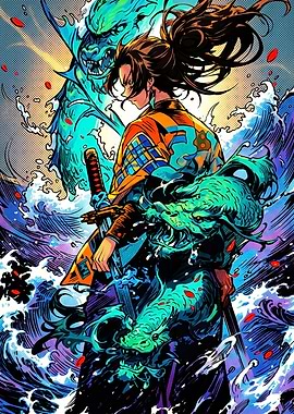 Samurai Warrior with Water Dragons