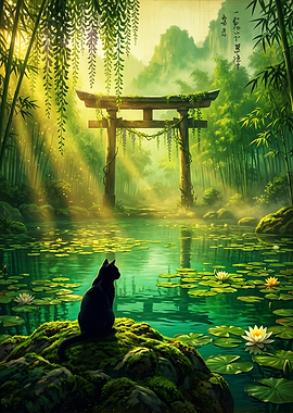 Black Cat at Japanese Torii Gate