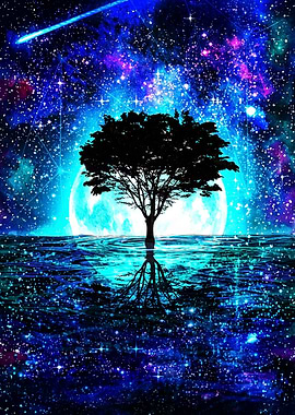 Silhouette Tree Under Cosmic Night Sky
