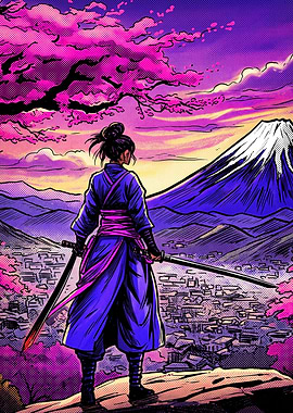 Samurai Warrior Overlooking Mount Fuji