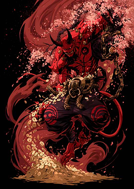 Red Oni Demon with Gold Coins
