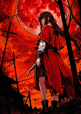 Anime Girl Under Blood Moon