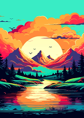 Vibrant Sunset Mountain Landscape Illustration
