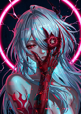 Cybernetic Anime Girl with Red Flower
