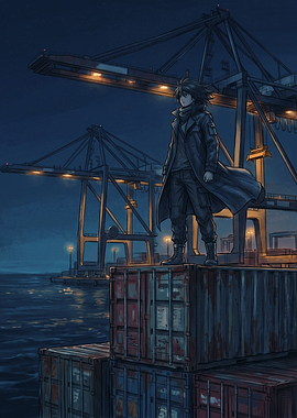 Anime character standing on shipping containers