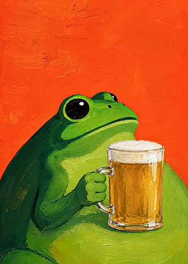 Frog Drinking Beer Oil Painting