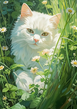 White Cat in Daisy Field