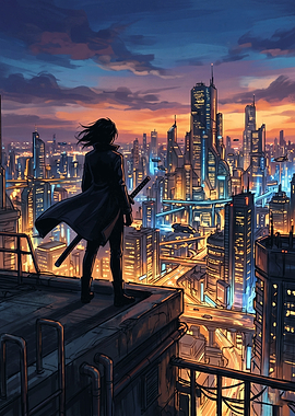 Cyberpunk Samurai Overlooking Futuristic City