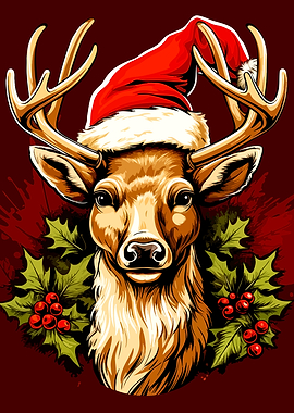 Christmas Reindeer with Holly Illustration