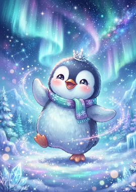 Cute Baby Penguin Under Aurora Borealis