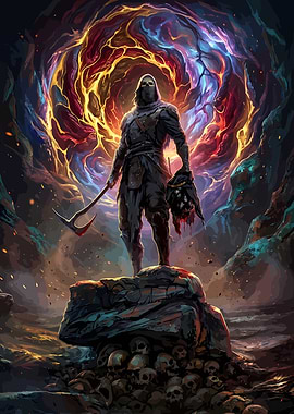 Dark Fantasy Warrior Standing on Skulls