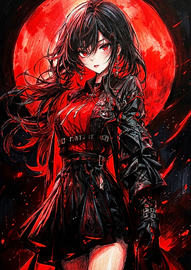 Anime Girl Before Red Moon