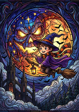 Stained Glass Wizard Flying on Broom