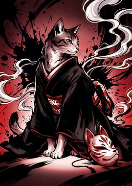 Cat in Kimono with Kitsune Mask