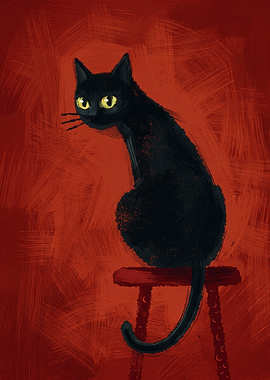 Black Cat Sitting On Red Stool Art