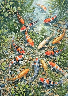 Vibrant Koi Fish Swimming in Pond