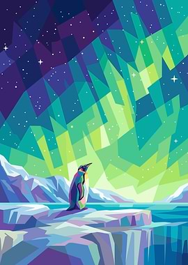 Geometric Penguin Under Northern Lights