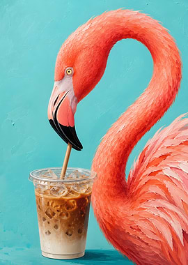 Flamingo Drinking Iced Coffee