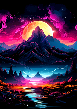 Vibrant Neon Mountain Landscape