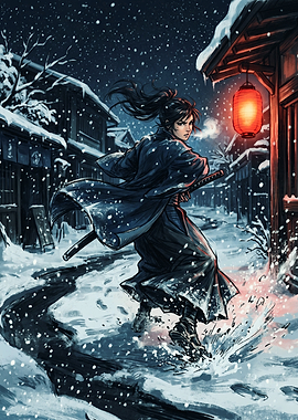 Samurai Warrior in Snowy Village