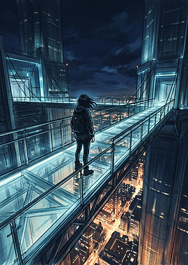 Person Standing on Futuristic Skybridge