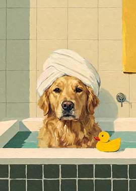 Golden Retriever in a Bathtub