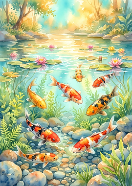 Vibrant Koi Fish in Garden Pond
