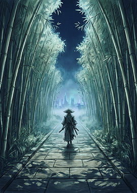 Samurai walking through bamboo forest