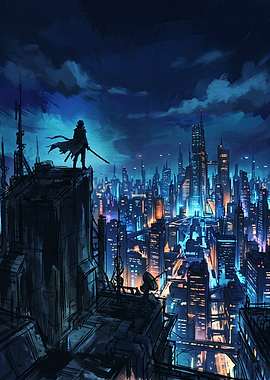 Lone Warrior Overlooking Cyberpunk City
