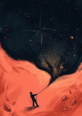 Surreal Man Pulling Down Starry Night Sky