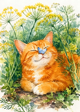 Ginger Cat with Blue Butterfly