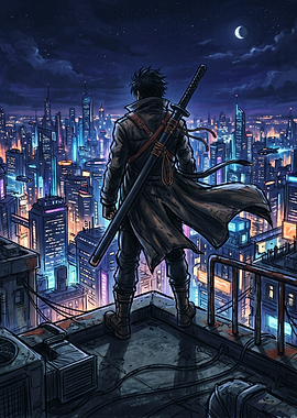 Cyberpunk Samurai Overlooking Neon City