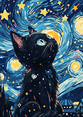 Cute Black Cat Looking At Starry Sky