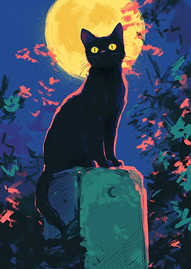 Black Cat On Tombstone Yellow Moon