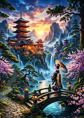 Enchanted Japanese Temple with Sakura Waterfalls