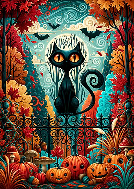 Moonlit Black Cat Halloween Fantasy