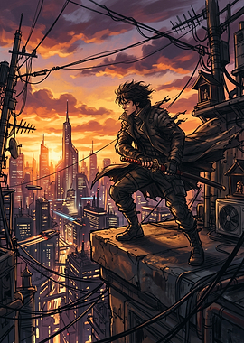 Cyberpunk Samurai Rooftop Vigilante